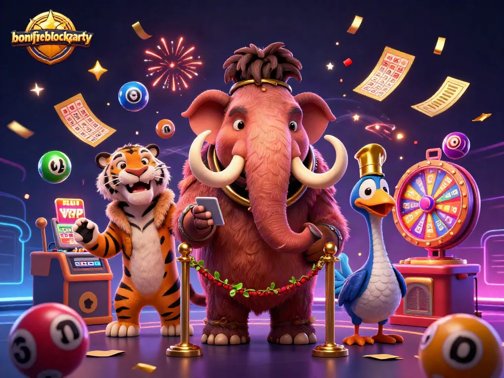 Engage in the bonfireblockparty with vibrant casino characters amidst dynamic gambling elements and festive visuals.