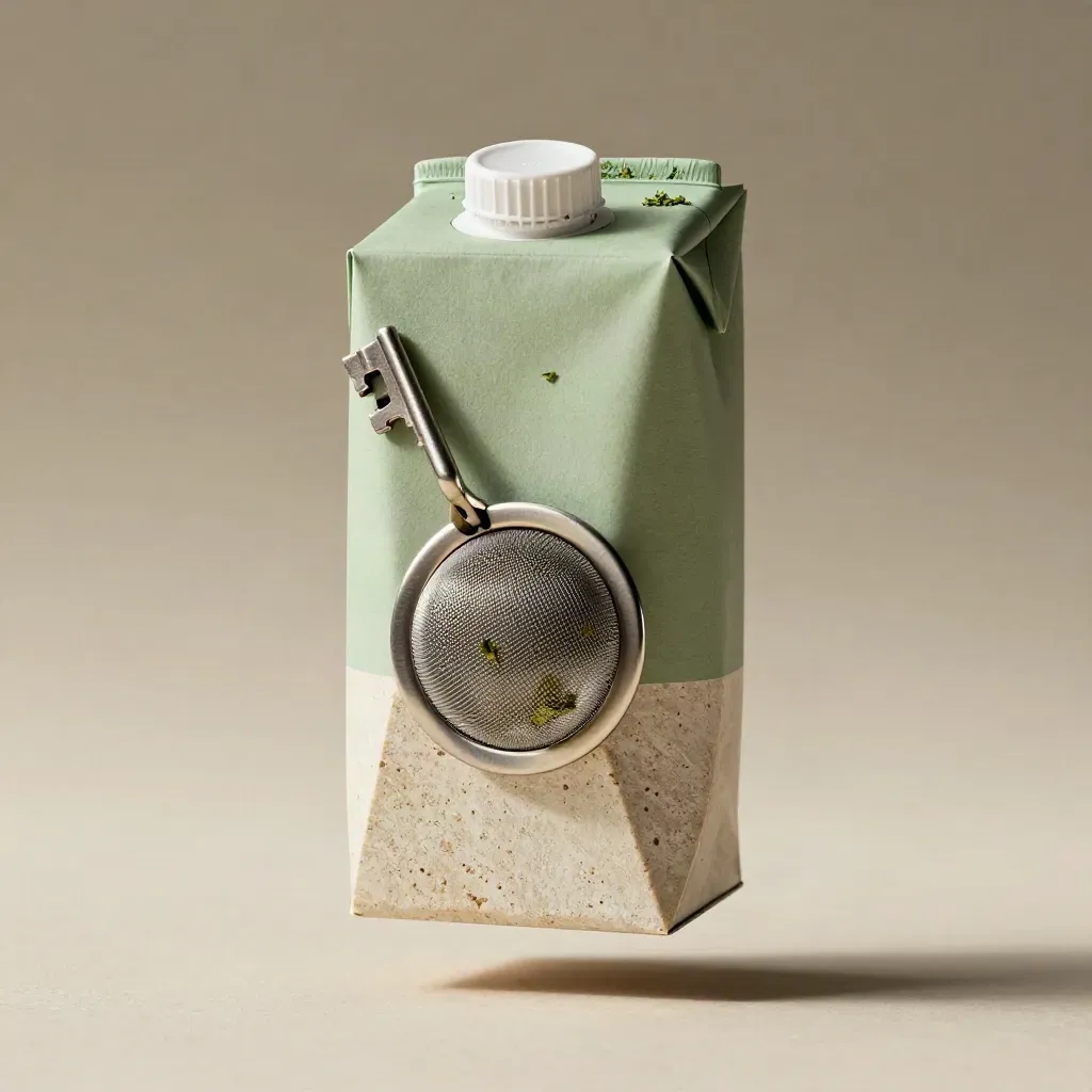 Caja de té verde con menta, colador y losa de piedra sobre fondo crema.