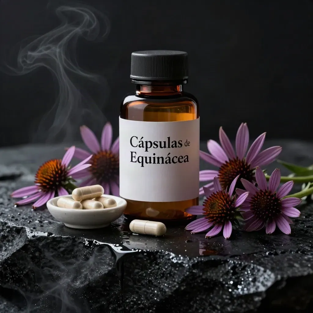 Frasco sin etiqueta de cápsulas de equinácea con flores púrpura sobre basalto húmedo.