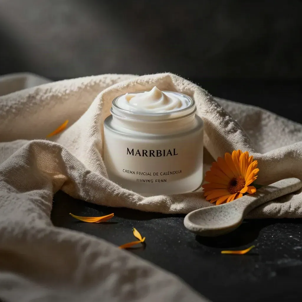 Tarro de crema facial de caléndula entre lino crema, pétalos y cuchara de piedra, luz dramática.