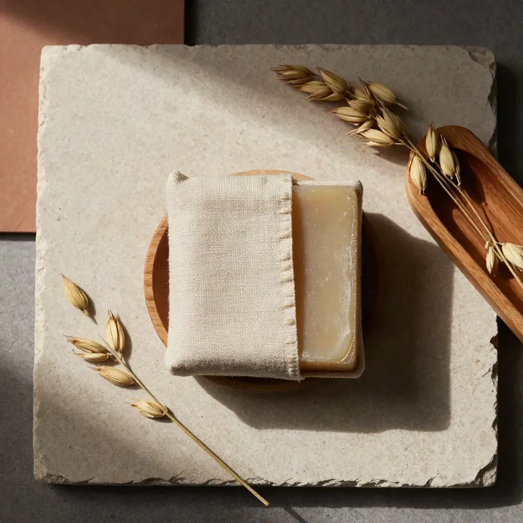 Jabón de avena sobre lino plegado con espigas y jabonera de madera.