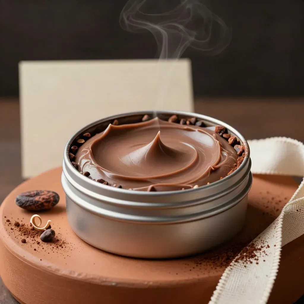 Bálsamo de cacao y karité abierto con nibs de cacao, virutas de karité y muselina sobre terracota.